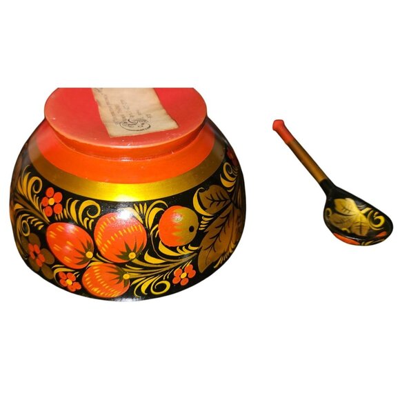 Russian Khokhloma Wooden Bowl & Spoon Set Hand-Painted Floral Red Balck Gold - Picture 6 of 6